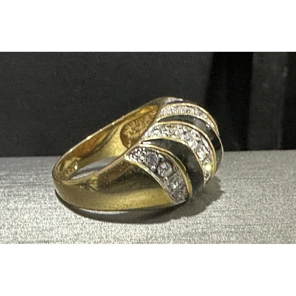 Black Enamel Clear Rhinestone Swirl Design Statement‎ Ring Gold Tone Sz 9 EDCO